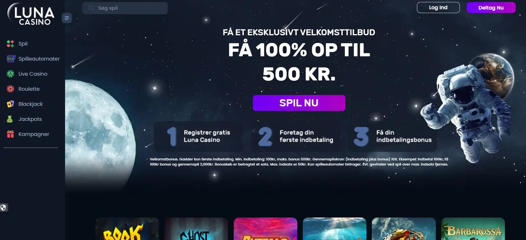 Skærmbillede af Luna Casinos aktuelle danske forside